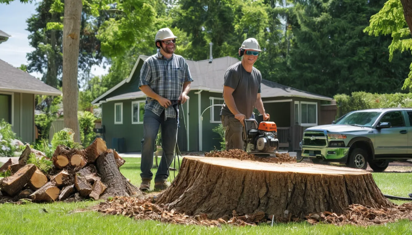 Stump grinder working on an old stump in a backyard near Cleveland