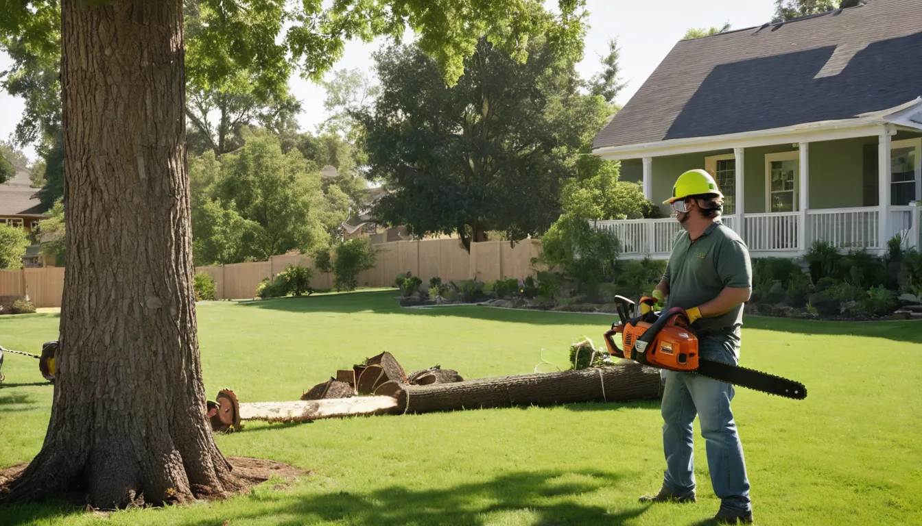 Tree removal provider cutting a large tree down in a Cleveland backyard beside a frame house